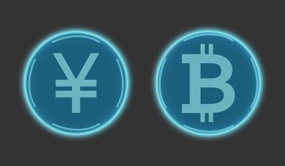 Cryptocurrency Chinese yuan and bitcoin in blue on a gray background. Digital currency symbols. Global business network, vector. Virtual electronic money, internet money. Computer techologies.