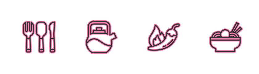 Set line Fork, spoon and knife, Hot chili pepper pod, Kettle with handle and Asian noodles in bowl icon. Vector