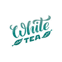 Vector illustration of white tea brush lettering for package, banner, flyer, poster, bistro, café, shop signage, advertisement design. Handwritten text for template, sign, billboard, print 
