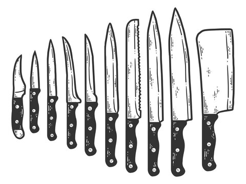 Set of ten knives. Sketch scratch board imitation color.