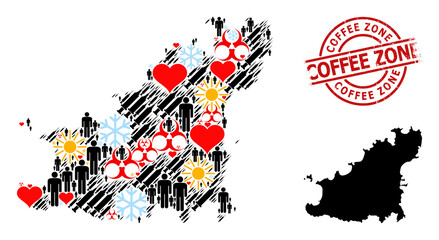 Fototapeta na wymiar Distress Coffee Zone stamp seal, and heart demographics virus therapy mosaic map of Guernsey Island. Red round stamp seal includes Coffee Zone caption inside circle.