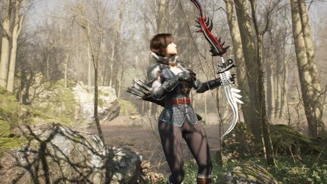 Warrior girl aims and shoots a bow at the enemy in the morning forest. The girl was created using 3D computer graphics. The animation is designed for historical or fantasy backgrounds. 3D rendering.