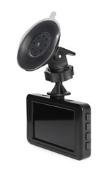 Modern car dashboard camera with suction mount isolated on white