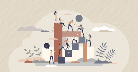 Helping to reach goal as teamwork power with partners tiny person concept. Common target collaboration with business partnership strategy vector illustration. Support, motivation and giving hand scene