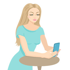 Woman holding smartphone in her hands, working with internet resourses, social medias, messengers. Vector illustration of girl with smartphone.