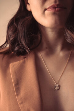 woman with jacket without bra