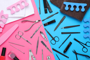 Set of manicure tools and accessories on color background, flat lay