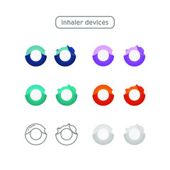 Set of Inhaler Devices Icon in Color and in Line Isolated on White Background. Breather for Cough Relief, Inhalation, Allergic Patient.