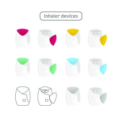 Set of Inhaler Devices Icon in Color and in Line Isolated on White Background. Breather for Cough Relief, Inhalation, Allergic Patient.
