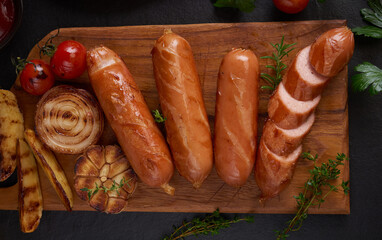 sausages and ingredients for cooking. Grilled sausage with the addition of herbs and and spices, vegetables, rosemary, thyme on the grill plate, Grilling food, bbq, barbecue, on stone table. Top view.