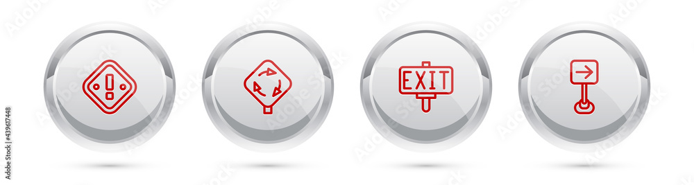 Poster set line exclamation mark in triangle, roundabout traffic sign, fire exit and traffic turn right. si