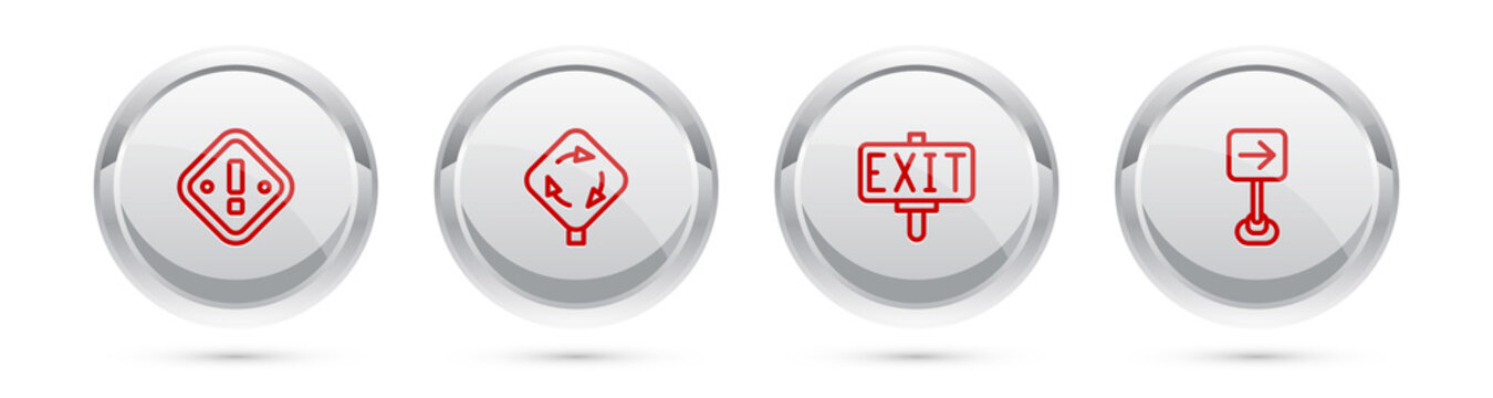 Set Line Exclamation Mark In Triangle, Roundabout Traffic Sign, Fire Exit And Traffic Turn Right. Silver Circle Button. Vector