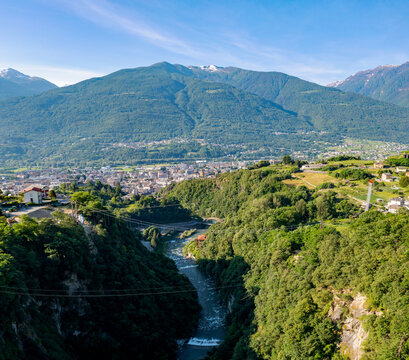 Sondrio in Valtellina, cable-stayed bridge construction in Cassandre, aerial view