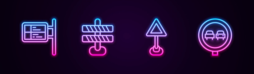 Set line ublic transport board, Road barrier, Triangle warning blank and No overtaking road traffic. Glowing neon icon. Vector