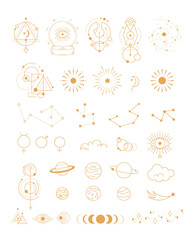 Big set of magic and astrological symbols. Mystical signs, silhouettes, zodiac, tarot cards. Vector illustration - obrazy, fototapety, plakaty