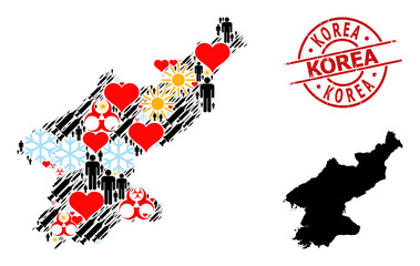 Textured Korea stamp seal, and lovely humans Covid-2019 treatment collage map of North Korea. Red round stamp seal has Korea title inside circle. Map of North Korea mosaic is designed from frost, sun,