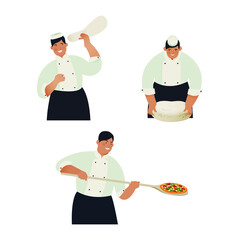 Modern Flat Vector Concept Illustrations. Chef Preparing Dough Pizza, Chef Put Pizza into the Oven.