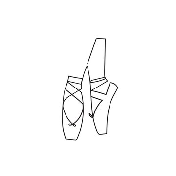 Ballerina legs in pointe shoes continuous line drawing. Ballet shoes with ribbons.Stock illustration isolated on white background.One line continuous drawing.