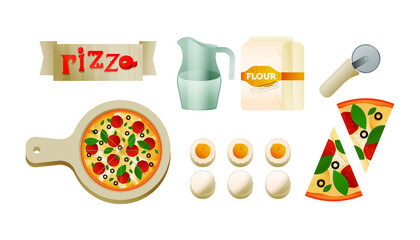 Pizza Set. Modern Flat Vector Concept Illustrations. Pizza on a Cutting Board, Pizza slices, Flour Package, Roller, Flour, Eggs, Jug of Water.