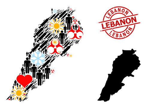 Grunge Lebanon stamp seal, and spring humans syringe mosaic map of Lebanon. Red round seal has Lebanon caption inside circle. Map of Lebanon mosaic is constructed from snow, sunny, healthcare, man,