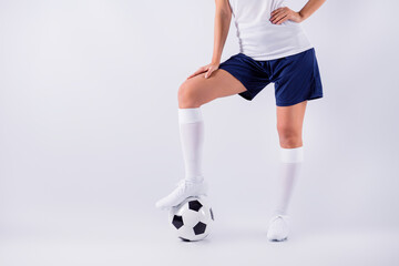 Cropped view of her she nice attractive slim fit sportive girl putting leg on ball active hobby...