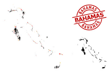 Textured Bahamas badge, and sunny humans infection treatment mosaic map of Bahamas Islands. Red round stamp seal includes Bahamas title inside circle. Map of Bahamas Islands mosaic is done of cold,