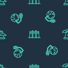Set line Hydroelectric dam, Global energy power planet and Nuclear plant on seamless pattern. Vector