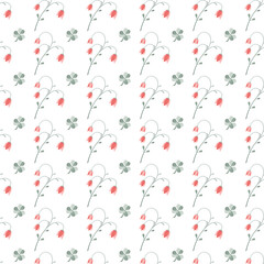 Summer floral seamless pattern with red and green flowers, twigs, leaves, isolated on white background.