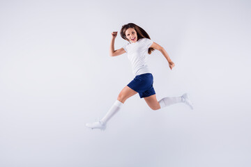 Full length body size view of nice attractive lovely pretty glad overjoyed cheerful cheery straight-haired girl jumping running fast speed isolated on light white gray pastel color background
