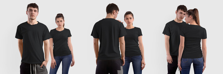 Mockup of a black women's, men's T-shirt on a girl, a guy in jeans, isolated on background. Set