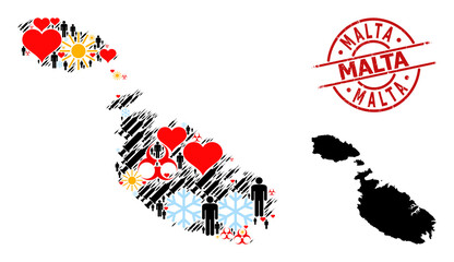 Fototapeta na wymiar Grunge Malta seal, and heart patients infection treatment mosaic map of Malta. Red round stamp seal has Malta title inside circle. Map of Malta mosaic is created with snow, weather, heart, population,