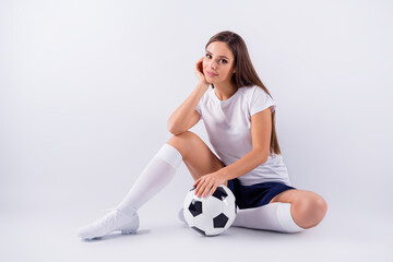 Portrait of her she nice attractive lovely pretty cute cheerful straight-haired girl coach trainer sitting on floor isolated on light white gray pastel color background