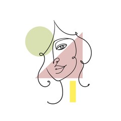 Woman face continuous line drawing With colored shapes. Abstract minimal woman portrait. Logo, icon, label.Stock illustration isolated on white background.