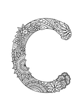 Mandala letter C monogram, adult coloring book, engraving design. Vector illustration.