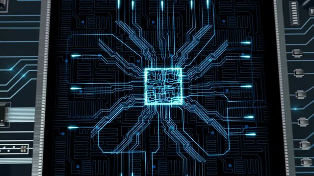 Advanced Technology Concept: Circuit Board CPU Processor Microchip Starting Artificial Intelligence Digitalization of Neural Networking and Cloud Computing Data animation. Dolly in to the chip.