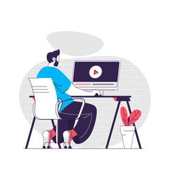 Video tutorial web concept. Man learning remotely watching webinars. Online education people scene. Flat characters design for website. Vector illustration for social media promotional materials - obrazy, fototapety, plakaty