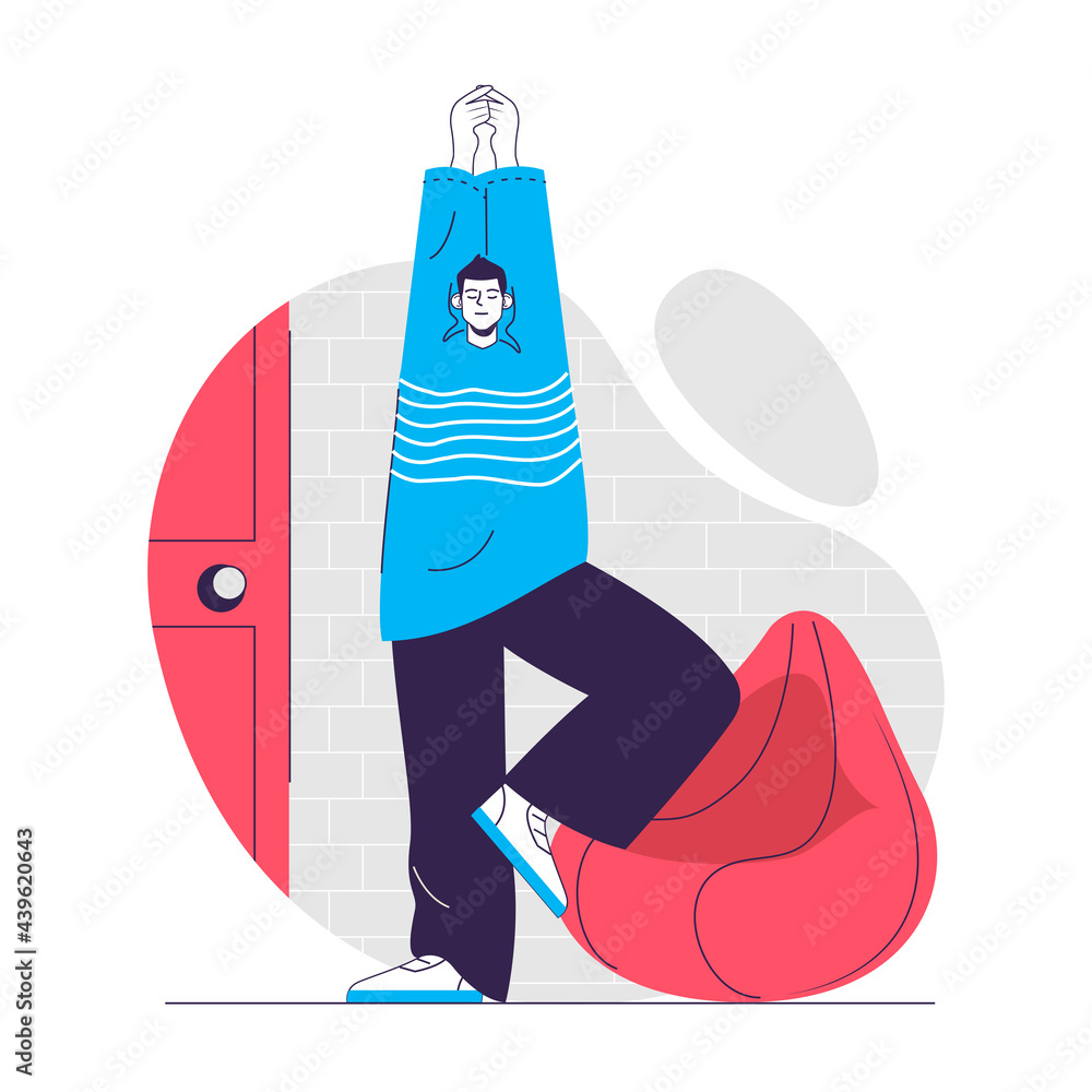 Poster yoga web concept. man stands in tree pose, trains balance and strength. people practicing asana scen