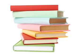 Many colorful hardcover books on white background