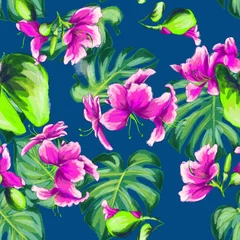 Schilderijen op glas Watercolor vector hand drawn styled seamless floral tropical pattern with the magnolia blooming flowers and palm leaves, textile composition, boho style inspired with the landscape of Ibiza © Svetlana