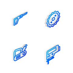 Set Isometric line Circular saw blade, Reciprocating, Electric planer tool and jigsaw icon. Vector