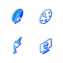 Set Isometric line Planet Mars, Radar, Satellite dish and Alien icon. Vector