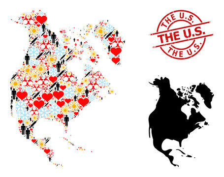 Rubber The U.S. Stamp, And Spring Customers Syringe Collage Map Of North America. Red Round Badge Has The U.S. Caption Inside Circle. Map Of North America Mosaic Is Made With Frost, Spring,