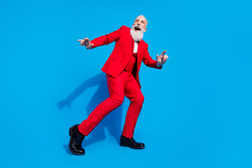 Low angle view full size photo of aged man wealthy cool happy positive smile dance club isolated over blue color background