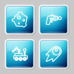 Set line Asteroid, Ray gun, Mars rover and Comet falling down fast icon. Vector