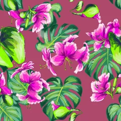Plexiglas foto achterwand Watercolor vector hand drawn styled seamless floral tropical pattern with the magnolia blooming flowers and palm leaves, textile composition, boho style inspired with the landscape of Ibiza © Svetlana