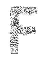 Obraz premium Mandala letter F monogram, adult coloring book, engraving design. Vector illustration.