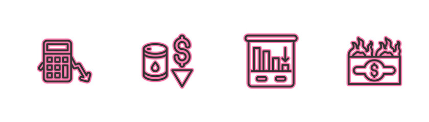 Set line Calculation of expenses, Pie chart infographic, Drop crude oil price and Burning dollar bill icon. Vector