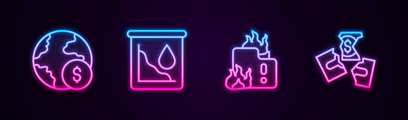 Set line Global economic crisis, Drop in crude oil price, Fire burning house and Tearing money banknote. Glowing neon icon. Vector