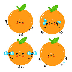 Funny cute happy orange characters bundle set. Vector kawaii line cartoon style illustration. Cute orange mascot character collection