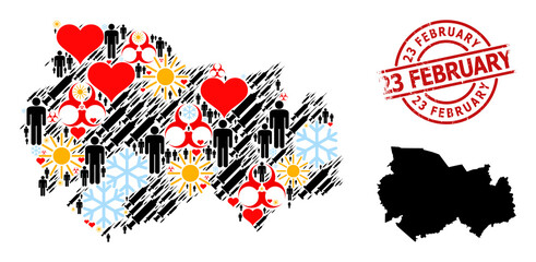 Distress 23 February badge, and spring men infection treatment mosaic map of Novosibirsk Region. Red round badge contains 23 February title inside circle.